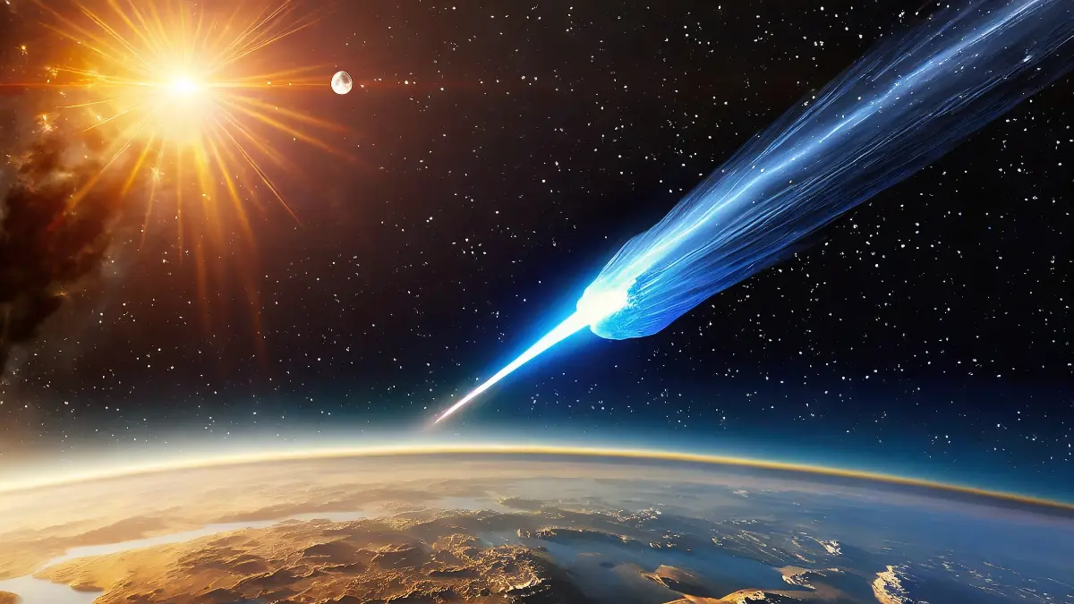 a meteor is seen in the space passing by earth moving toward sun