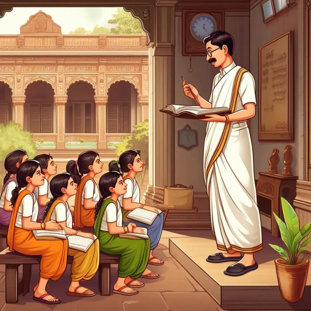 a person wearing dhoti and kurta teaching girls in maharashtra in old structre home illustration
