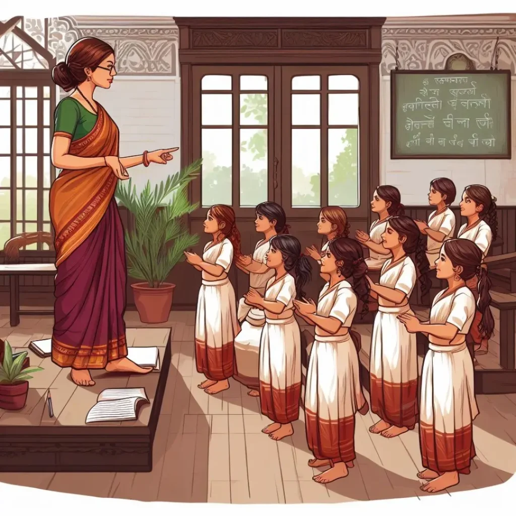 a women wearing saree teaching girls in maharashtra in old structre home illustration
